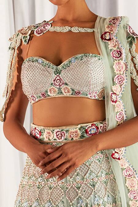 Shop Cherie D Green Silk, Net Sweetheart Neck Embroidered Cape And Lehenga Set Online at Aza Fashions Shop_Cherie D_Green Silk, Net Sweetheart Neck Embroidered Cape And Lehenga Set _Online_at_Aza_Fashions