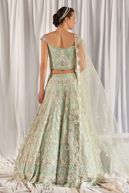 Shop Cherie D Green Silk, Net, Tulle Square Neck Embroidered Bridal Lehenga Set at Aza Fashions Shop_Cherie D_Green Silk, Net, Tulle Square Neck Embroidered Bridal Lehenga Set _at_Aza_Fashions