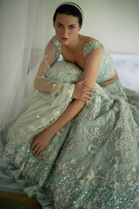 Cherie D Green Silk, Net, Tulle Square Neck Embroidered Bridal Lehenga Set Online at Aza Fashions Cherie D_Green Silk, Net, Tulle Square Neck Embroidered Bridal Lehenga Set _Online_at_Aza_Fashions