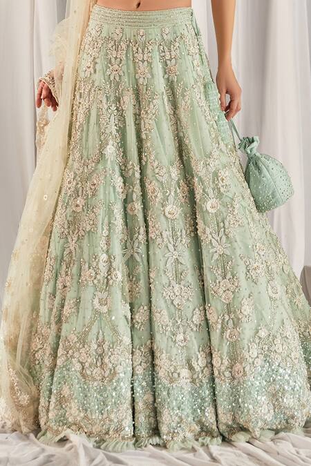 Cherie D Green Silk, Net, Tulle Square Neck Embroidered Bridal Lehenga Set at Aza Fashions Cherie D_Green Silk, Net, Tulle Square Neck Embroidered Bridal Lehenga Set _at_Aza_Fashions