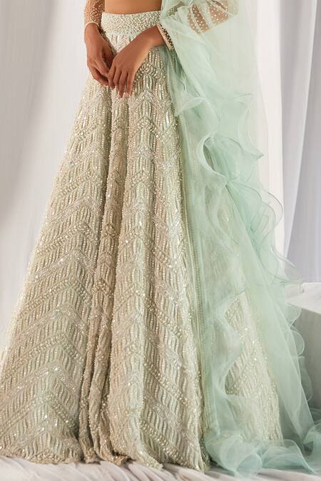 Buy_Cherie D_Green Silk, Net, Tulle Round Embroidered Bridal Lehenga Set _Online_at_Aza_Fashions