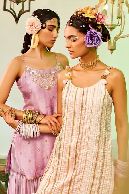 Mona And Vishu_Pink Dupion Silk, Dupatta Georgette Cut Dana, Stripe Kurta Tiered Sharara Set _Online_at_Aza_Fashions