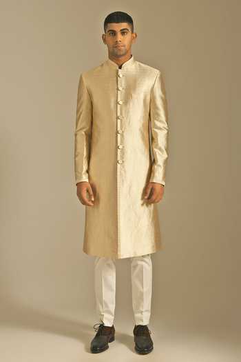 Dhruv Vaish_Gold Silk Brocade Sherwani And Pant Set _Online_at_Aza_Fashions