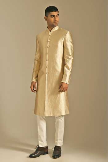 Buy_Dhruv Vaish_Gold Silk Brocade Sherwani And Pant Set _Online_at_Aza_Fashions