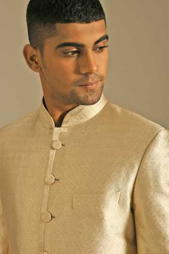 Shop_Dhruv Vaish_Gold Silk Brocade Sherwani And Pant Set _Online_at_Aza_Fashions