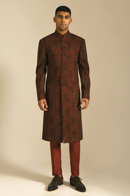 Dhruv Vaish_Black Cotton Silk Floral Print Sherwani And Pant Set _Online_at_Aza_Fashions