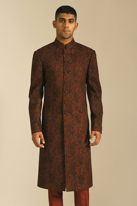 Dhruv Vaish Black Cotton Silk Floral Print Sherwani And Pant Set