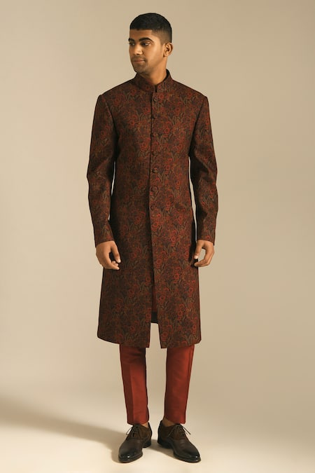 Buy_Dhruv Vaish_Black Cotton Silk Floral Print Sherwani And Pant Set _Online_at_Aza_Fashions