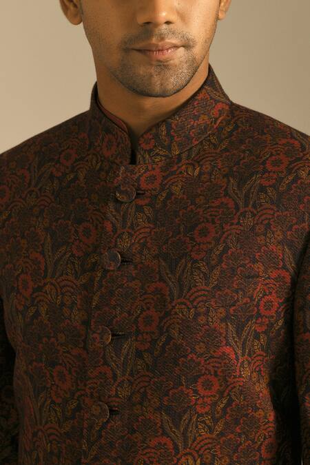 Shop_Dhruv Vaish_Black Cotton Silk Floral Print Sherwani And Pant Set _Online_at_Aza_Fashions