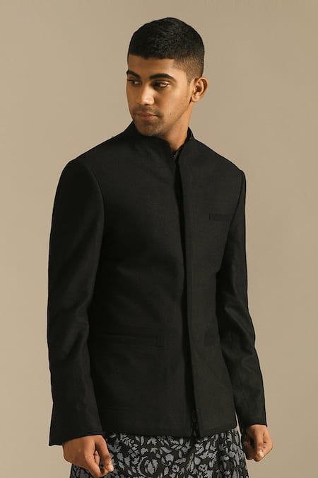 Dhruv Vaish Black Cotton Silk Textured Bandhgala