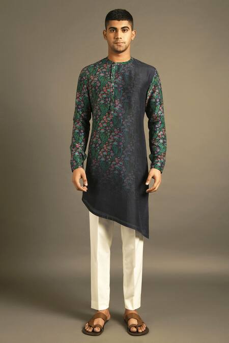 Dhruv Vaish Blue Cotton Silk Chanderi Kurta And Pant Set Online at Aza Fashions Dhruv Vaish_Blue Cotton Silk Chanderi Kurta And Pant Set _Online_at_Aza_Fashions