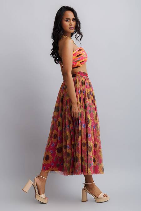 Nautanky_Peach Bustier-viscose Chiffon, Skirt- Tulle Sunflower Sweetheart Neck Print Set _Online_at_Aza_Fashions