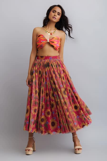 Buy_Nautanky_Peach Bustier-viscose Chiffon, Skirt- Tulle Sunflower Sweetheart Neck Print Set _Online_at_Aza_Fashions