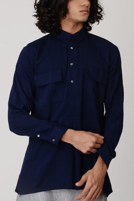 Buy_Rajesh Pratap Singh_Blue Handloom Cotton Shirt _Online_at_Aza_Fashions