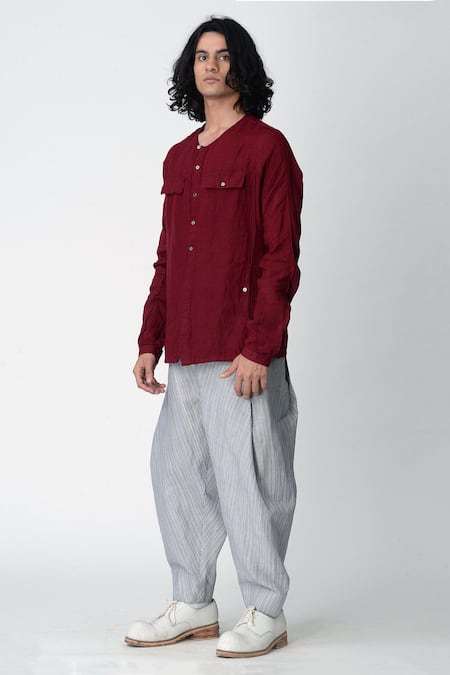 Rajesh Pratap Singh_Maroon Handloom Linen Shirt _Online_at_Aza_Fashions