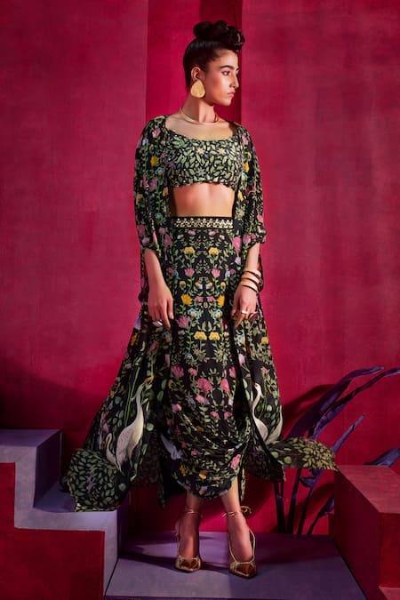 Limerick by Abirr N' Nanki Black Crepe Floral And Bird Print Scoop Neck Lucy Cape & Draped Skirt Set 