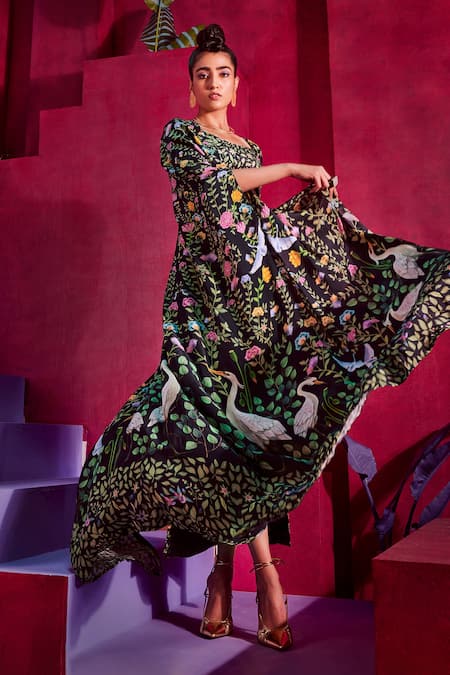 Limerick By Abirr N' Nanki_Black Crepe Floral And Bird Print Scoop Neck Lucy Cape & Draped Skirt Set_Online_at_Aza_Fashions