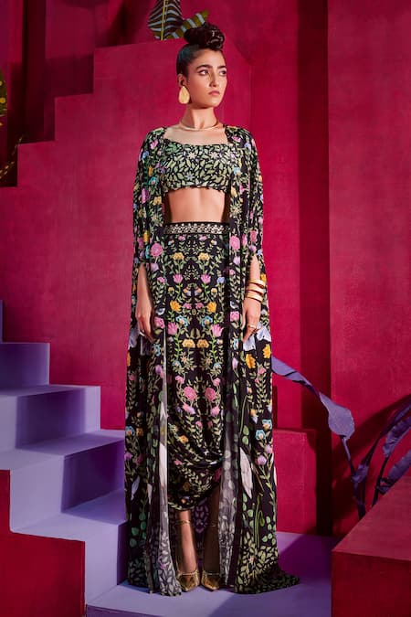 Buy_Limerick By Abirr N' Nanki_Black Crepe Floral And Bird Print Scoop Neck Lucy Cape & Draped Skirt Set_Online_at_Aza_Fashions
