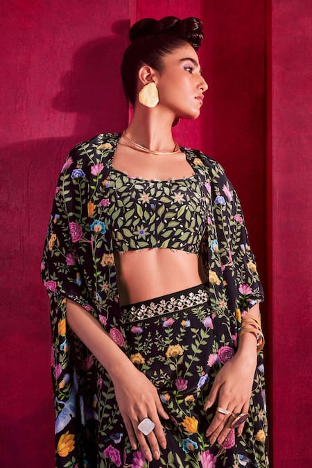 Shop_Limerick By Abirr N' Nanki_Black Crepe Floral And Bird Print Scoop Neck Lucy Cape & Draped Skirt Set_Online_at_Aza_Fashions