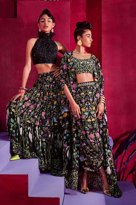 Limerick By Abirr N' Nanki_Black Crepe Floral And Bird Print Scoop Neck Lucy Cape & Draped Skirt Set_at_Aza_Fashions