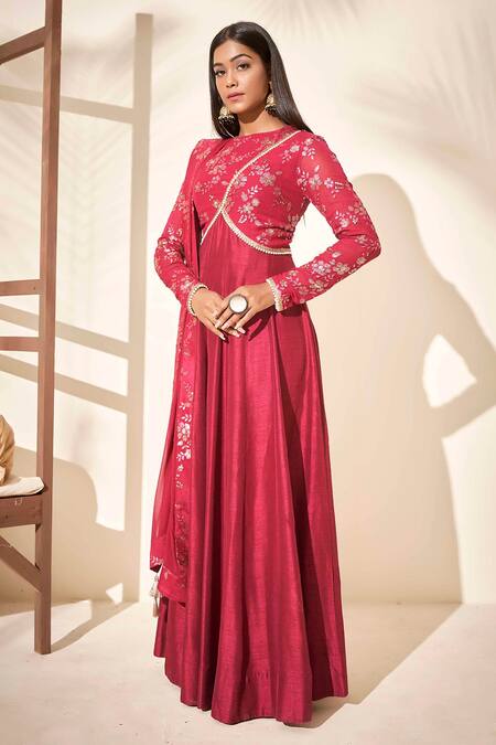 Suruchi Parakh_Maroon Georgette, Tussar Silk Floral Crew Neck Embroidered Anarkali With Dupatta _Online_at_Aza_Fashions