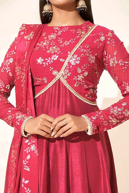 Shop_Suruchi Parakh_Maroon Georgette, Tussar Silk Floral Crew Neck Embroidered Anarkali With Dupatta _Online_at_Aza_Fashions