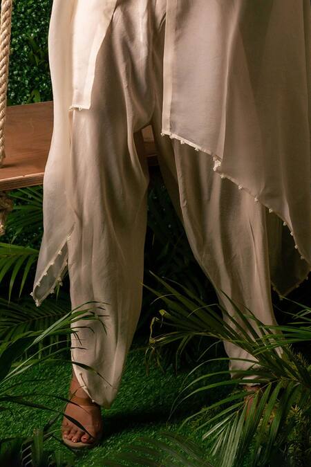 Pallavi Poddar_Ivory Organza, Satin, Cotton, Lycra Pearls Round Neck Peacock Cape And Pant Set _Online_at_Aza_Fashions