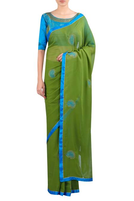 Latha Puttanna_Green Silk, Georgette Mango Motifs Round Neck Embroidered Saree With Blouse_Online_at_Aza_Fashions