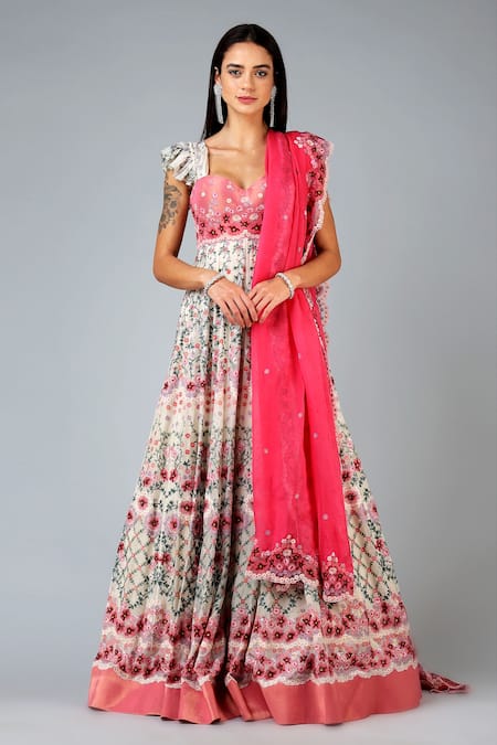 Geisha Designs Pink Viscose Embroidery Thread Floral Anarkali With Dupatta