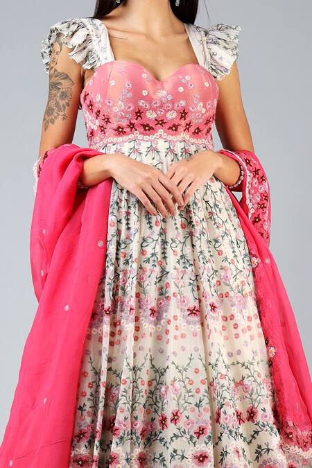 Shop Geisha Designs Pink Viscose Embroidery Thread Floral Anarkali With Dupatta Online at Aza Fashions Shop_Geisha Designs_Pink Viscose Embroidery Thread Floral Anarkali With Dupatta _Online_at_Aza_Fashions