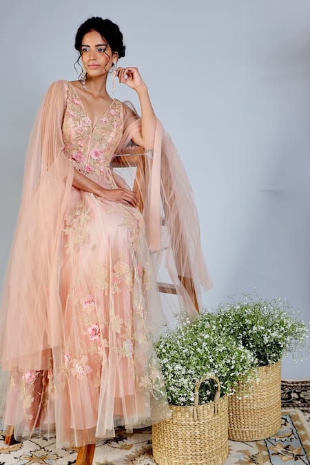 Shop Geisha Designs Pink Nylon And Polyester Thread & Sequin V Neck Embroidered Gown at Aza Fashions Shop_Geisha Designs_Pink Nylon And Polyester Thread & Sequin V Neck Embroidered Gown _at_Aza_Fashions
