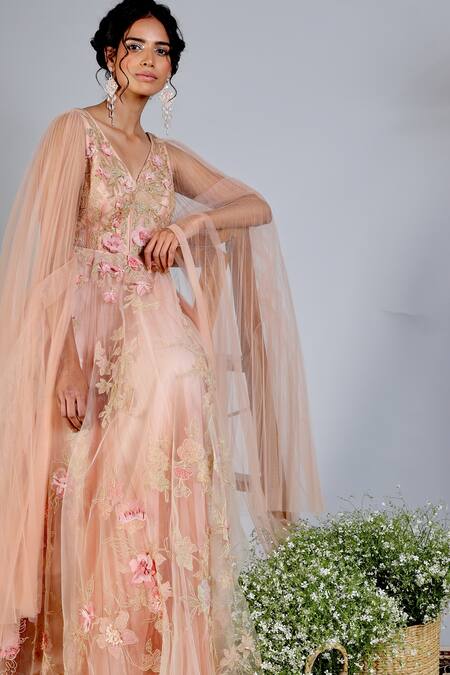 Geisha Designs Pink Nylon And Polyester Thread & Sequin V Neck Embroidered Gown Online at Aza Fashions Geisha Designs_Pink Nylon And Polyester Thread & Sequin V Neck Embroidered Gown _Online_at_Aza_Fashions