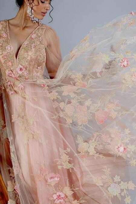 Buy Geisha Designs Pink Nylon And Polyester Thread & Sequin V Neck Embroidered Gown Online at Aza Fashions Buy_Geisha Designs_Pink Nylon And Polyester Thread & Sequin V Neck Embroidered Gown _Online_at_Aza_Fashions