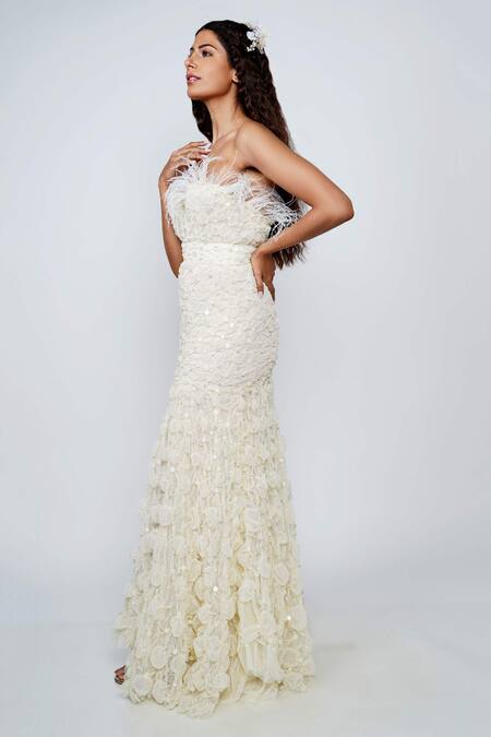 Geisha Designs_White Sweetheart Neck Reagan Fringe Bandeau Gown  _Online_at_Aza_Fashions