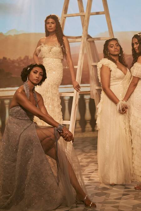 Buy_Geisha Designs_White Sweetheart Neck Reagan Fringe Bandeau Gown  _Online_at_Aza_Fashions