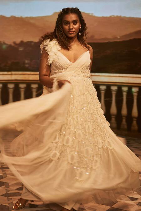 Geisha Designs White V Neck Pheobe Ruched Gown Online at Aza Fashions Geisha Designs_White V Neck Pheobe Ruched Gown _Online_at_Aza_Fashions