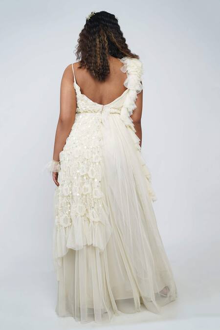 Shop Geisha Designs White V Neck Pheobe Ruched Gown at Aza Fashions Shop_Geisha Designs_White V Neck Pheobe Ruched Gown _at_Aza_Fashions