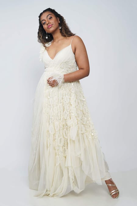 Geisha Designs White V Neck Pheobe Ruched Gown