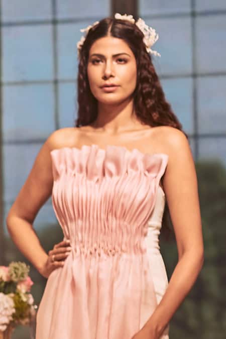 Shop Geisha Designs White Olivia Ruched Bandeau Gown at Aza Fashions Shop_Geisha Designs_White Olivia Ruched Bandeau Gown _at_Aza_Fashions