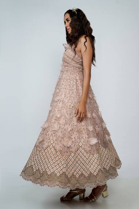 Geisha Designs Pink Square Neck Reese Flared Gown Online at Aza Fashions Geisha Designs_Pink Square Neck Reese Flared Gown _Online_at_Aza_Fashions