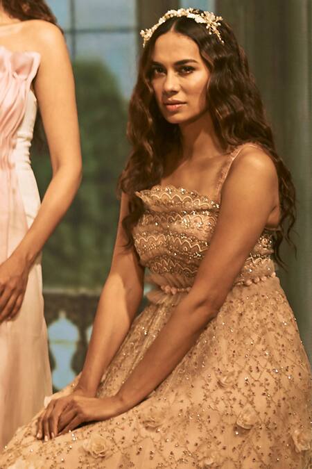 Shop Geisha Designs Pink Square Neck Reese Flared Gown Online at Aza Fashions Shop_Geisha Designs_Pink Square Neck Reese Flared Gown _Online_at_Aza_Fashions