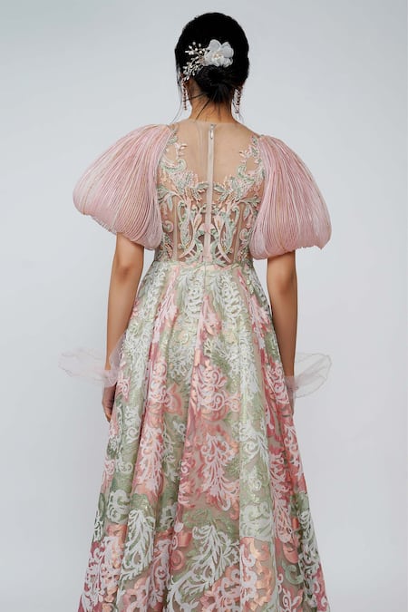 Shop Geisha Designs Green Round Anastasia Applique Gown at Aza Fashions Shop_Geisha Designs_Green Round Anastasia Applique Gown _at_Aza_Fashions