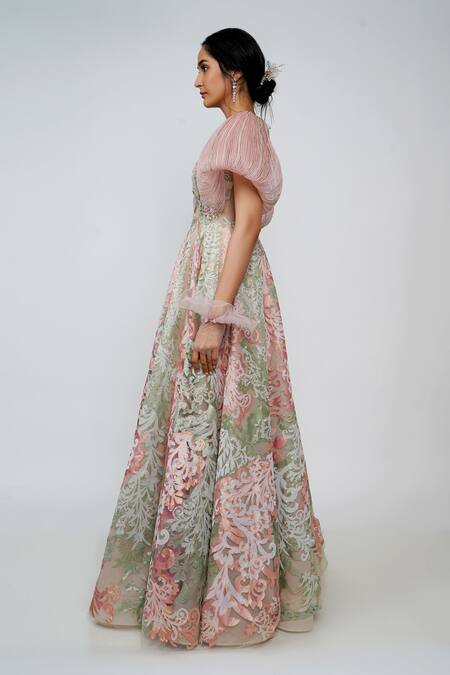 Geisha Designs Green Round Anastasia Applique Gown Online at Aza Fashions Geisha Designs_Green Round Anastasia Applique Gown _Online_at_Aza_Fashions