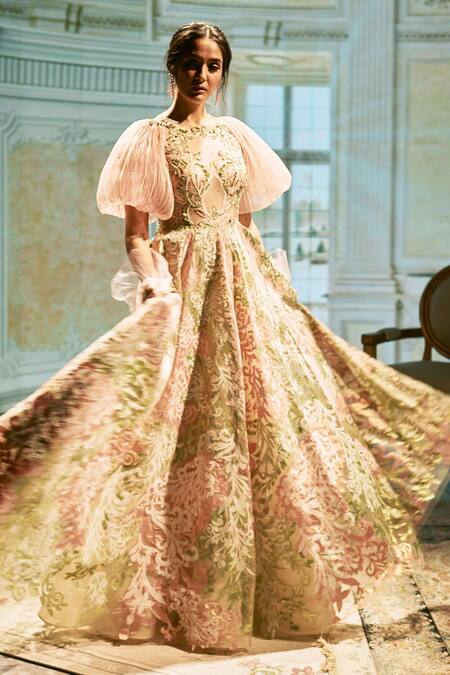 Shop Geisha Designs Green Round Anastasia Applique Gown Online at Aza Fashions Shop_Geisha Designs_Green Round Anastasia Applique Gown _Online_at_Aza_Fashions