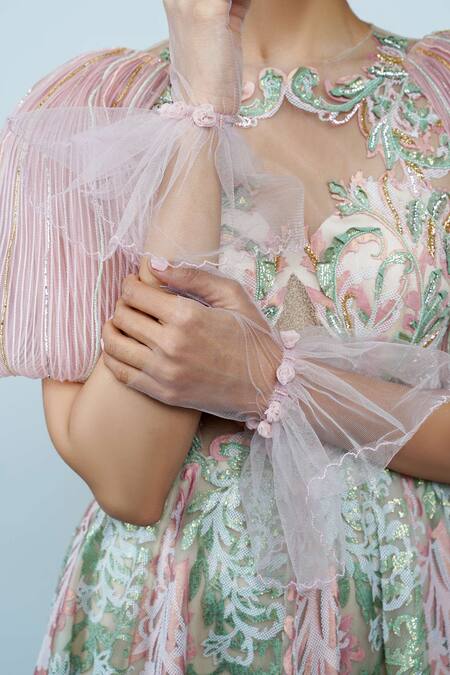 Geisha Designs Green Round Anastasia Applique Gown at Aza Fashions Geisha Designs_Green Round Anastasia Applique Gown _at_Aza_Fashions