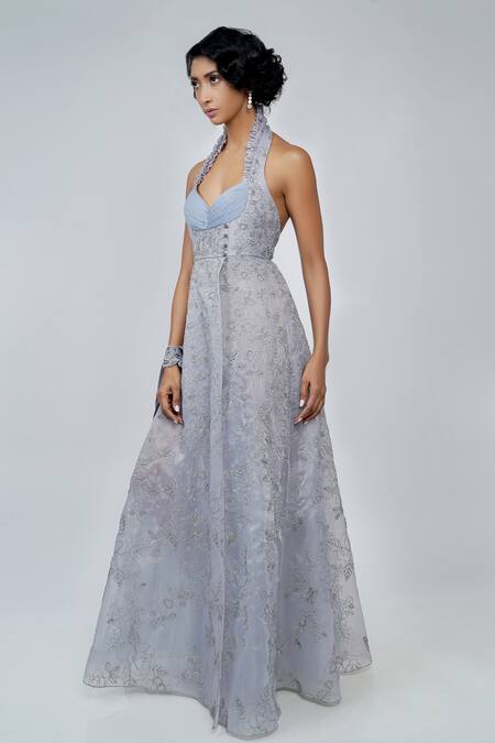 Geisha Designs_Blue Halter Priscilla Slit Gown  _Online_at_Aza_Fashions