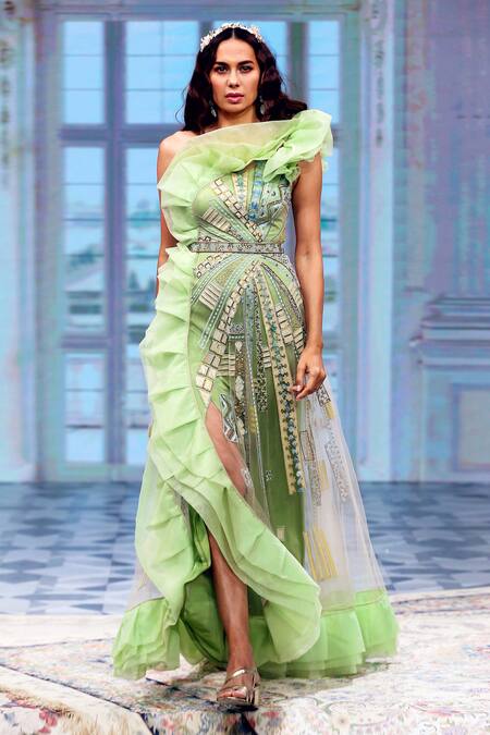 Geisha Designs Green Embroidered Melody Flared Ruffle Gown Online at Aza Fashions Geisha Designs_Green Embroidered Melody Flared Ruffle Gown _Online_at_Aza_Fashions
