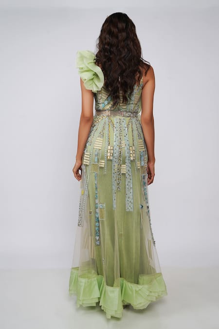 Shop Geisha Designs Green Embroidered Melody Flared Ruffle Gown at Aza Fashions Shop_Geisha Designs_Green Embroidered Melody Flared Ruffle Gown _at_Aza_Fashions