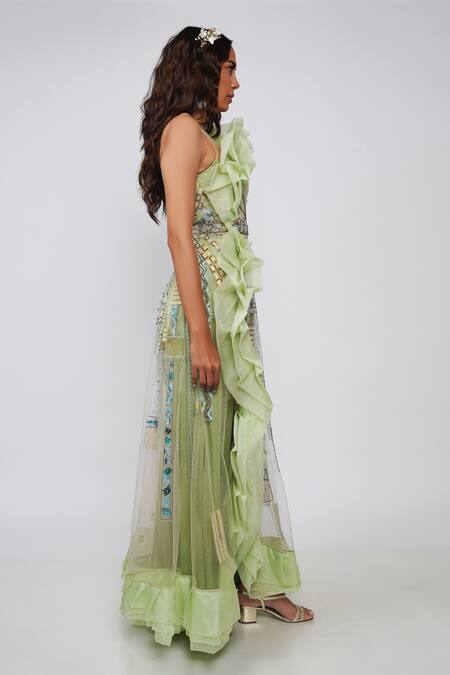 Buy Geisha Designs Green Embroidered Melody Flared Ruffle Gown Online at Aza Fashions Buy_Geisha Designs_Green Embroidered Melody Flared Ruffle Gown _Online_at_Aza_Fashions