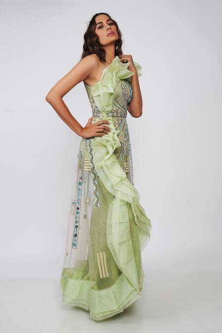 Shop Geisha Designs Green Embroidered Melody Flared Ruffle Gown Online at Aza Fashions Shop_Geisha Designs_Green Embroidered Melody Flared Ruffle Gown _Online_at_Aza_Fashions